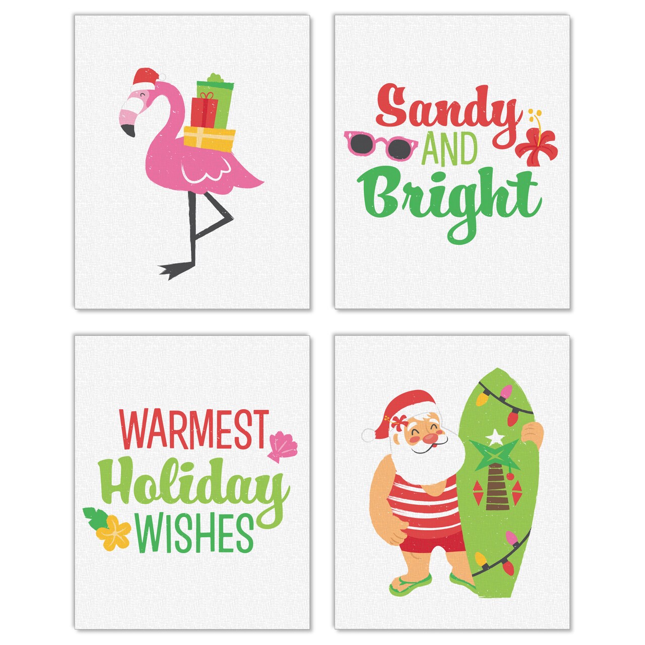 Big Dot of Happiness Tropical Christmas - Unframed Beach Santa and Flamingo Holiday Linen Paper Wall Art - Set of 4 - Artisms - 8 x 10 inches